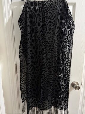 Studio Select Sheer Leopard-Print Fringe Scarf - Black